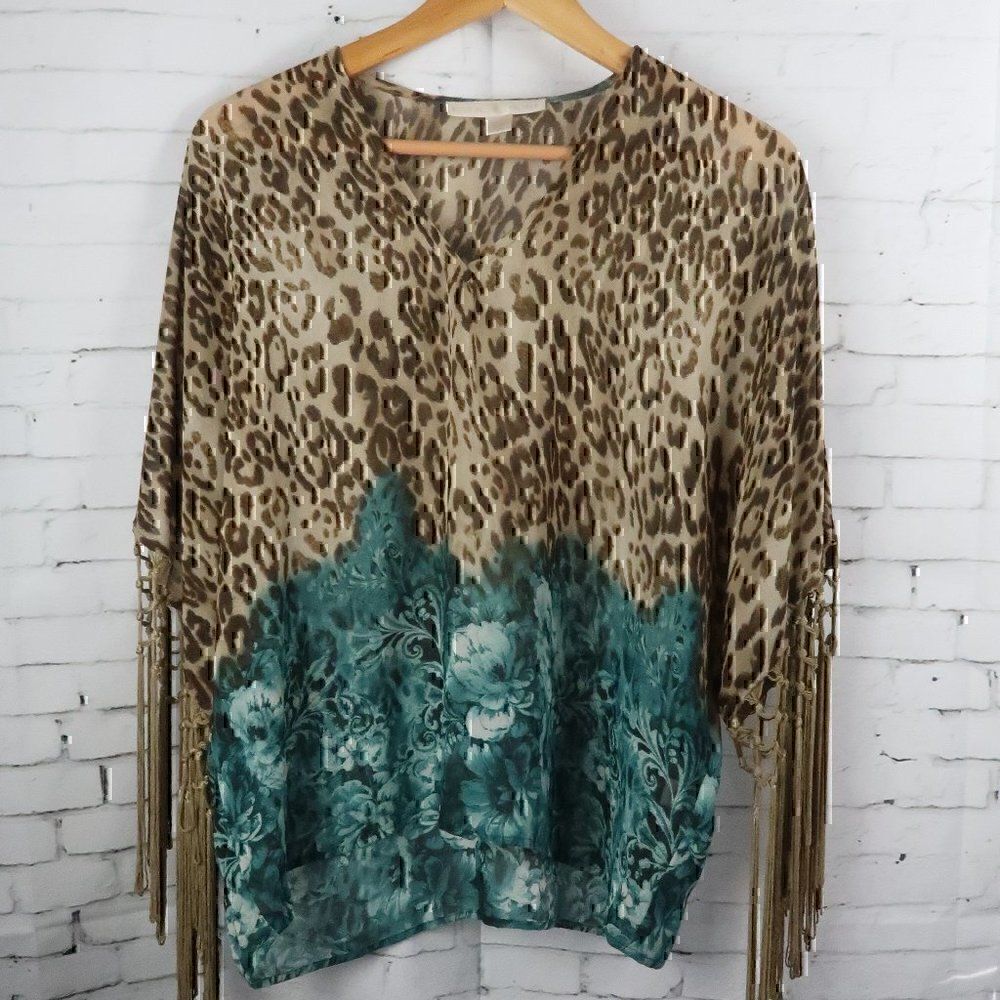 BOSTON PROPER ANIMAL PRINT WITH AQUA FLOWERS FRINGE SLEEVE SHEER V NECK BLOUSE